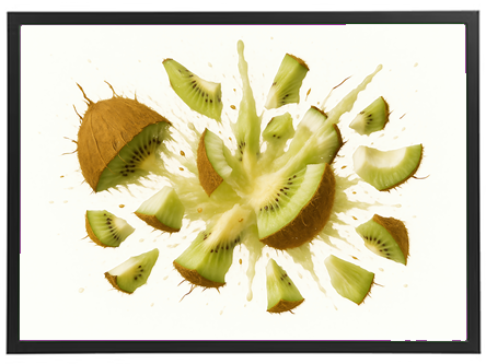 Billedet viser en dramatisk eksplosion af kiwi, hvor frugtskiver og skaller flyver i alle retninger.