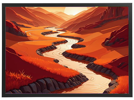 Et farverigt landskab med en snoet flod, omkranset af bjerge og rødligt græs.