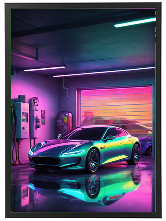 En moderne sportsvogn står i en garage oplyst af farverige neonlys, med reflekser på gulvet.
