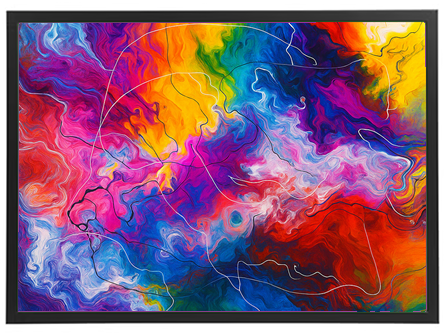 Et livligt og abstrakt maleri med en blanding af farver og dynamiske former.