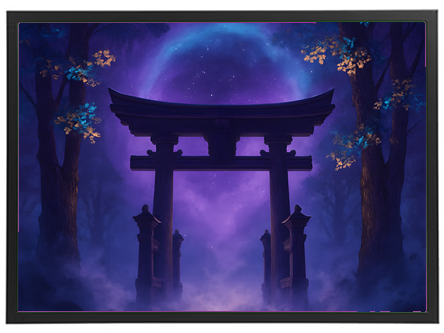 En smuk illustration af en torii-port under en stjerneklar, lilla himmel.