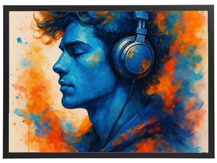Et farverigt portræt af en ung mand med hovedtelefoner, der ser ud til at nyde musikken.