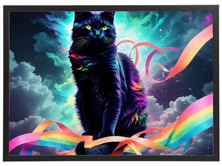 Et kunstnerisk billede af en sort kat med lysende øjne, omgivet af farverige bånd og en stjernehimmel.