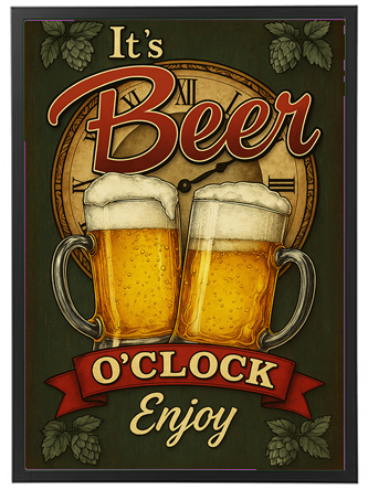 Et farverigt skilt med to ølkrus og teksten Its Beer OClock Enjoy.