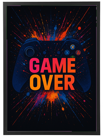 Et farverigt design med teksten GAME OVER og en spillekonsol-controller i centrum.