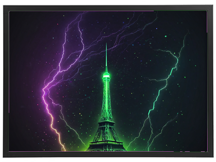 En farverig illustration af Eiffeltårnet omgivet af lyn og neonfarver.