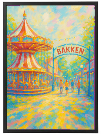 Et maleri af en karussel med stribede telte og en indgangsskilt til Bakken, omgivet af træer.