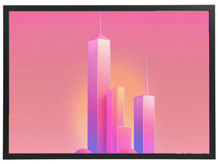 En stiliseret skyline med høje bygninger i nuancer af pink og lilla mod en blød baggrund.