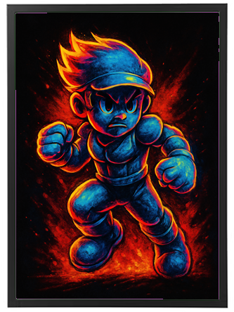 Et farverigt billede af en muskuløs karakter i kampposition med flammer omkring.