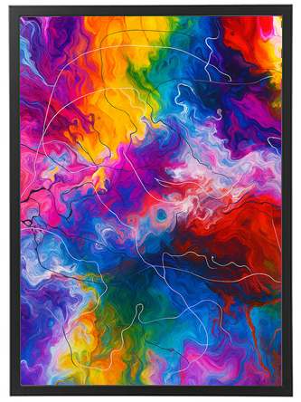 Et livligt og farverigt abstrakt billede med bølgende mønstre og nuancer.