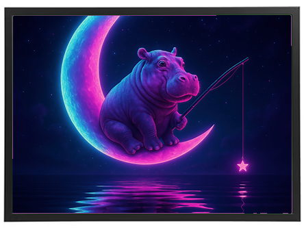 Et farverigt billede af en flodhest, der sidder på en måne og fisker efter en stjerne.