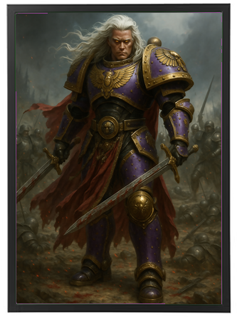 En majestætisk kriger iført en detaljeret rustning med sværd, omgivet af en krigsscene.