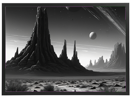 Et dramatisk, monokromt landskab med høje klippeformationer og en stjerneklar himmel, der viser planeter og asteroider.