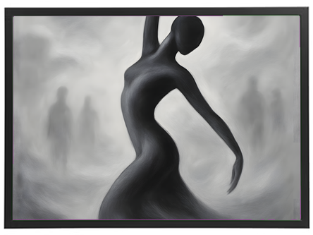 Et abstrakt billede af en sort skikkelse, der danser i en tåget baggrund med svage silhuetter.