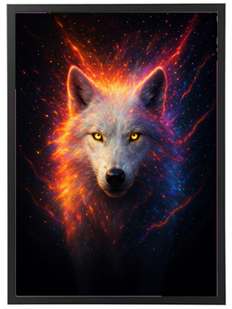 En majestætisk ulv med lysende øjne, omgivet af en farverig galaktisk baggrund.