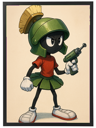 Et farverigt karakterdesign af en kriger iført en hjelm og skørt, med en legetøjspistol.