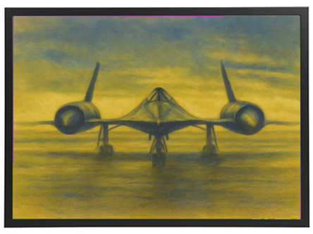 Et kunstnerisk billede af et futuristisk jetfly, der står stille i vandet under en dramatisk solnedgang.