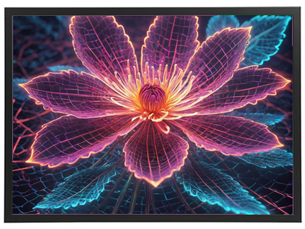 Et farverigt 3D-billede af en blomster med neon-lignende effekter og detaljerede blade.