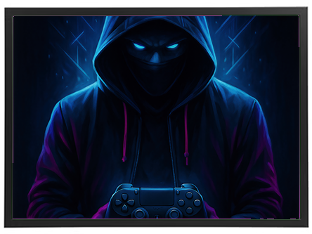 En skikkelse iført hætte trækker i en spillecontroller, omgivet af blå og lilla lys.