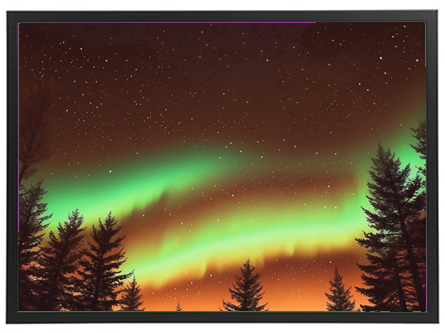 En betagende nattehimmel med nordlys, omgivet af mørke træer og stjerner.