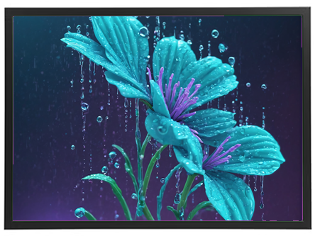 En smuk illustration af blomster med dråber, der falder som regn, i blå og lilla nuancer.