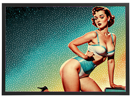 Et farverigt retro-inspireret billede af en kvinde i badetøj med en glamorøs holdning.