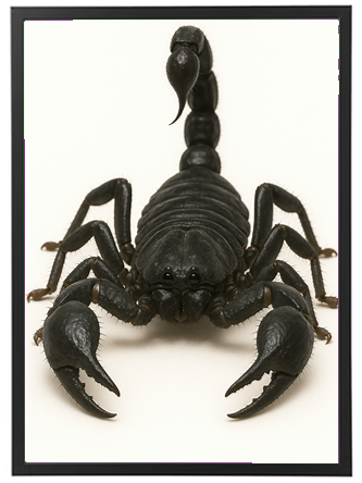 Et nærbillede af en sort skorpion med fremtrædende kløer og en krum hale.