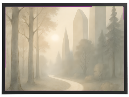 Et drømmende landskab med tåge, træer og tårnformede strukturer i baggrunden.
