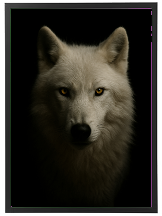 Et nærbillede af en hvid ulv med intense gule øjne, der ser direkte ind i kameraet.