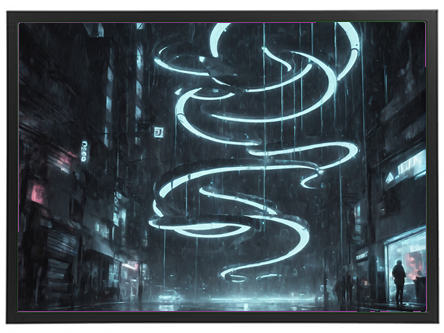 Et dystopisk bymiljø med neonbelyste spiraler og regn, der skaber en stemningsfuld atmosfære.