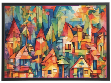 Et abstrakt maleri med farverige huse og træer, der skaber en livlig atmosfære.