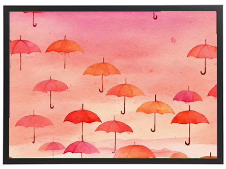 Et maleri med svævende paraplyer i nuancer af rød og orange mod en blød, farvet baggrund.
