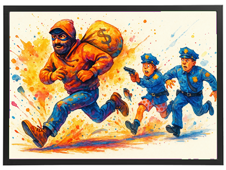 En farverig illustration af en tyv, der løber væk fra politiet med en pengepose.