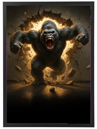 En imponerende gorilla, der brager igennem en væg med en truende attitude.