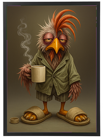 En humoristisk illustration af en fugl iført en frakke og slippers, der holder en kaffekop.