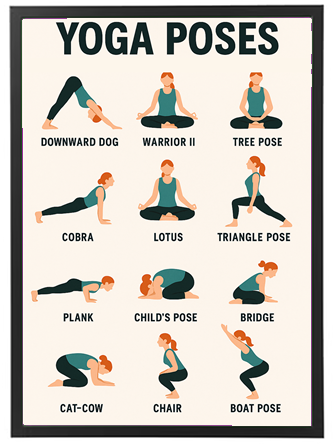 Illustration af forskellige yoga stillinger, herunder Downward Dog, Warrior II, og Tree Pose.