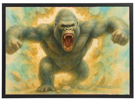 En kraftfuld gorilla brøler, omgivet af en dramatisk eksplosion af farver.