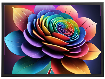 Et digitalt kunstværk af en spiralformet blomst med levende farver og detaljerede blade.