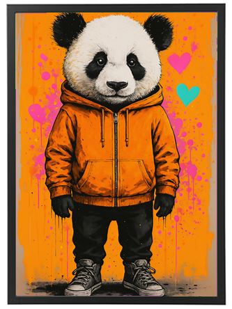 Et farverigt billede af en panda iført en orange hoodie, stående med et venligt udtryk.