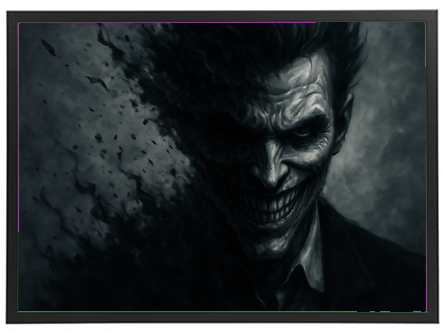 Et dystopisk portræt af en skikkelse med et skræmmende smil, der ser ud til at opløse sig i mørket.