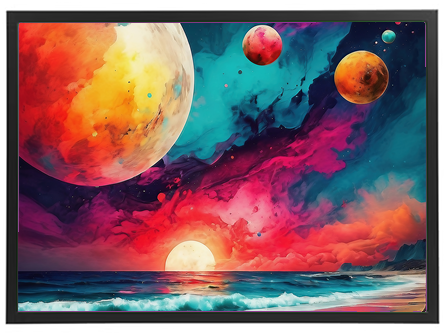 Et farverigt rumlandskab med planeter og en solnedgang over havet.