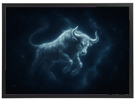 En lysende tyr svæver gennem et stjernet nattehimlen, omgivet af kosmisk energi.