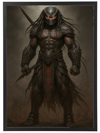 En muskuløs kriger med dreadlocks og glødende øjne, iført en mørk rustning.