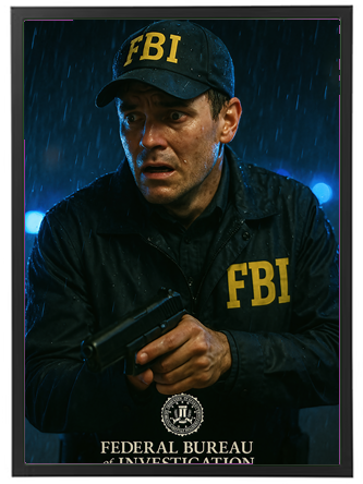 En FBI-agent står under regnen med en pistol i hånden, klar til aktion.