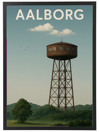 Billedet viser et vandtårn i Aalborg med en klar himmel og grønne omgivelser.