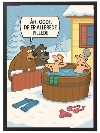To personer nyder et boblebad, mens to bjørne observerer dem i snevejr.