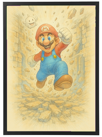 En farverig illustration af Mario, der springer gennem en mur af murbrokker.