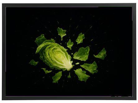 Et billede af en eksplosiv salat med friske grønne blade på en sort baggrund.