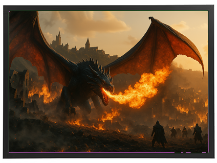 En majestætisk drage, der sprøjter ild, svæver over en brændende by i skumringen.