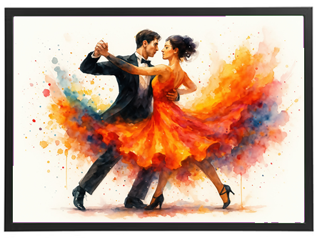 Et maleri af et par, der danser tango i en farverig og dynamisk stil.